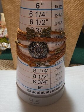 Boho Multi-Strand Tan Braided Leather Bracelet with Mandala Charm